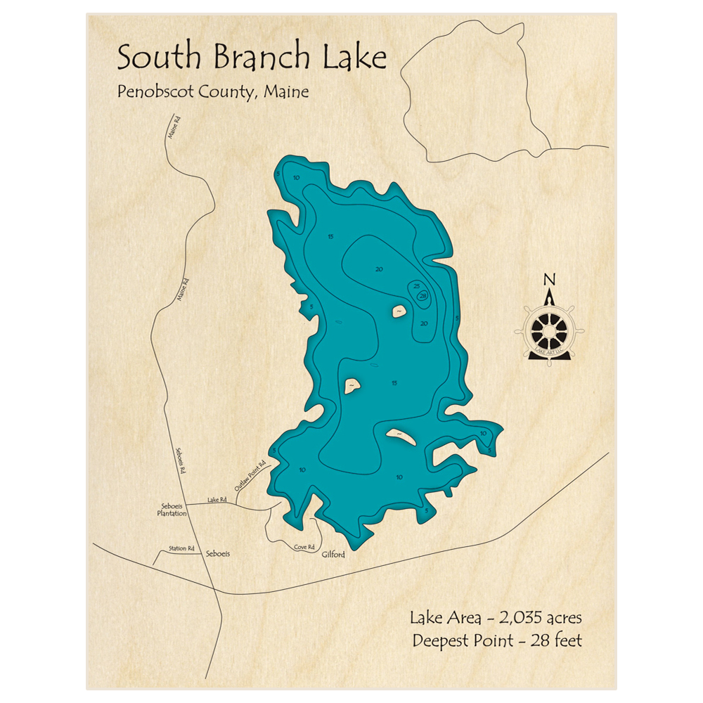 Bathymetric topo map of South Branch Lake with roads, towns and depths noted in blue water