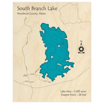 Bathymetric topo map of South Branch Lake with roads, towns and depths noted in blue water