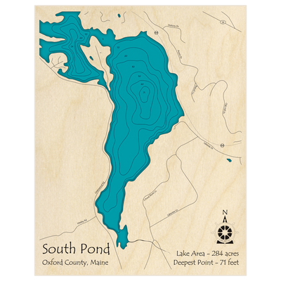 Bathymetric topo map of South Pond with roads, towns and depths noted in blue water