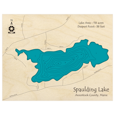 Bathymetric topo map of Spaulding Lake with roads, towns and depths noted in blue water