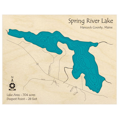 Bathymetric topo map of Spring River Lake with roads, towns and depths noted in blue water