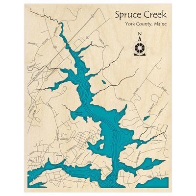 Bathymetric topo map of Spruce Creek with roads, towns and depths noted in blue water