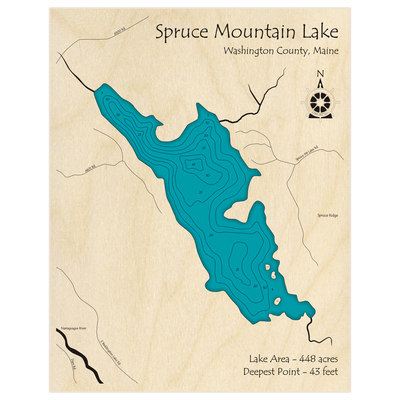 Bathymetric topo map of Spruce Mountain Lake with roads, towns and depths noted in blue water