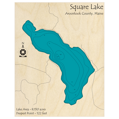 Bathymetric topo map of Square Lake with roads, towns and depths noted in blue water