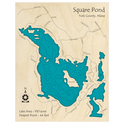 Bathymetric topo map of Square Pond with roads, towns and depths noted in blue water