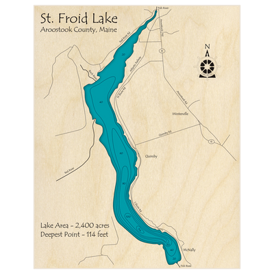 Bathymetric topo map of St Froid Lake with roads, towns and depths noted in blue water