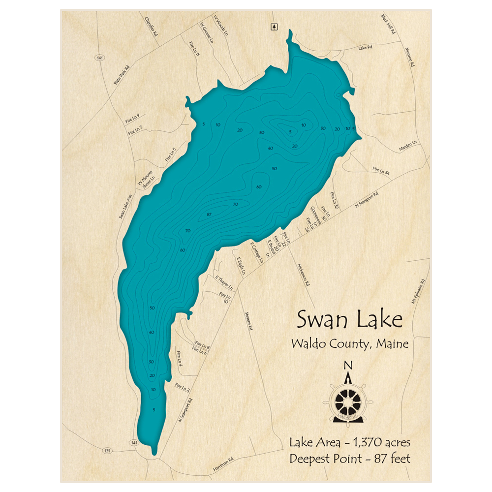 Bathymetric topo map of Swan Lake with roads, towns and depths noted in blue water