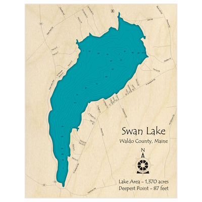 Bathymetric topo map of Swan Lake with roads, towns and depths noted in blue water