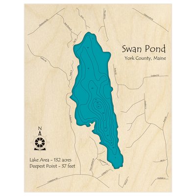 Bathymetric topo map of Swan Pond with roads, towns and depths noted in blue water