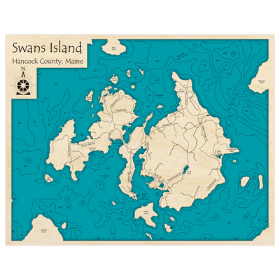 Bathymetric topo map of Swans Island with roads, towns and depths noted in blue water