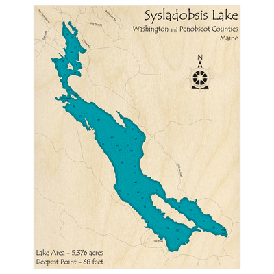 Bathymetric topo map of Sysladobsis Lake with roads, towns and depths noted in blue water