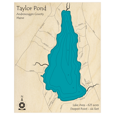 Bathymetric topo map of Taylor Pond with roads, towns and depths noted in blue water