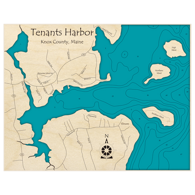 Bathymetric topo map of Tenants Harbor with roads, towns and depths noted in blue water