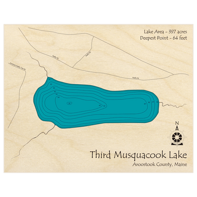 Bathymetric topo map of Third Musquacook Lake with roads, towns and depths noted in blue water