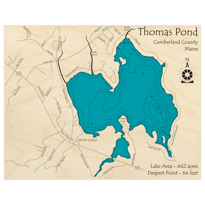 Bathymetric topo map of Thomas Pond with roads, towns and depths noted in blue water