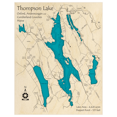 Bathymetric topo map of Thompson Lake with roads, towns and depths noted in blue water