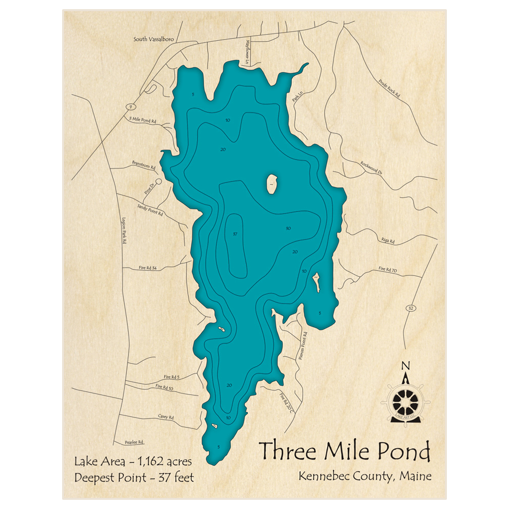 Bathymetric topo map of Three Mile Pond with roads, towns and depths noted in blue water