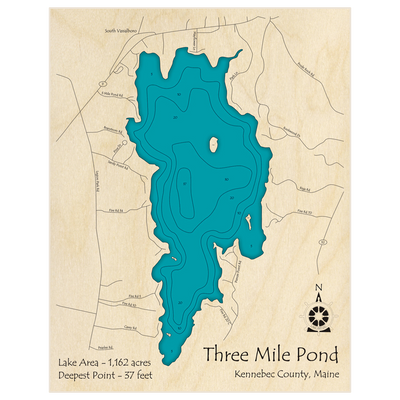 Bathymetric topo map of Three Mile Pond with roads, towns and depths noted in blue water