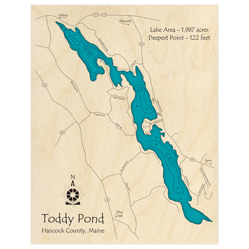 Bathymetric topo map of Toddy Pond with roads, towns and depths noted in blue water