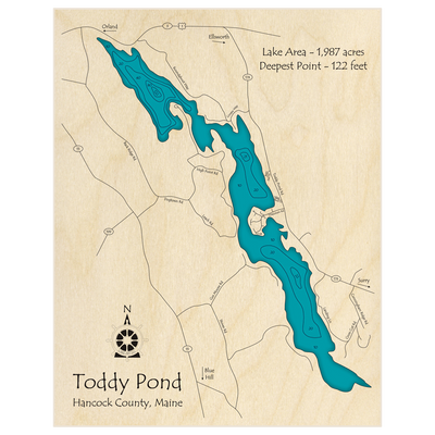 Bathymetric topo map of Toddy Pond with roads, towns and depths noted in blue water