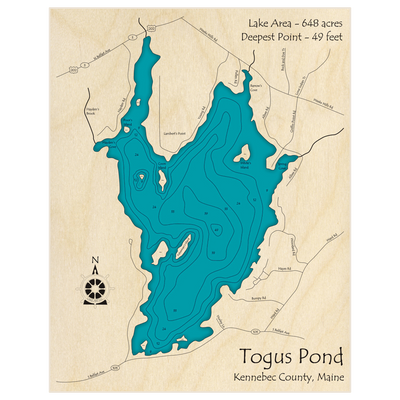 Bathymetric topo map of Togus Pond with roads, towns and depths noted in blue water