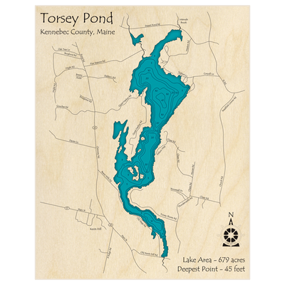 Bathymetric topo map of Torsey Lake with roads, towns and depths noted in blue water