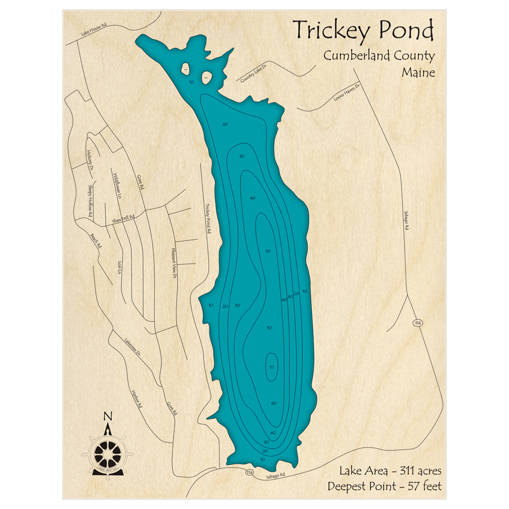 Bathymetric topo map of Trickey Pond with roads, towns and depths noted in blue water