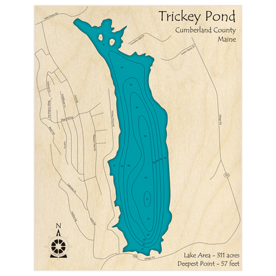 Bathymetric topo map of Trickey Pond with roads, towns and depths noted in blue water