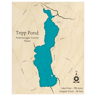 Bathymetric topo map of Tripp Pond with roads, towns and depths noted in blue water