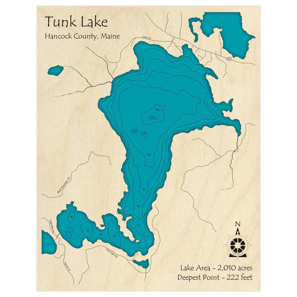 Bathymetric topo map of Tunk Lake with roads, towns and depths noted in blue water