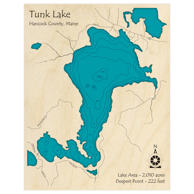 Bathymetric topo map of Tunk Lake with roads, towns and depths noted in blue water