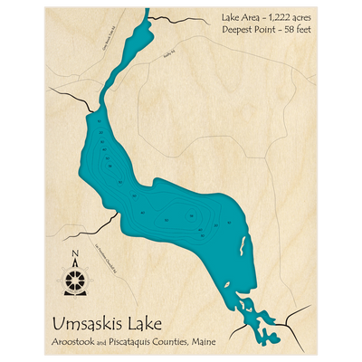 Bathymetric topo map of Umsaskis Lake with roads, towns and depths noted in blue water