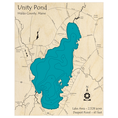 Bathymetric topo map of Unity Pond with roads, towns and depths noted in blue water