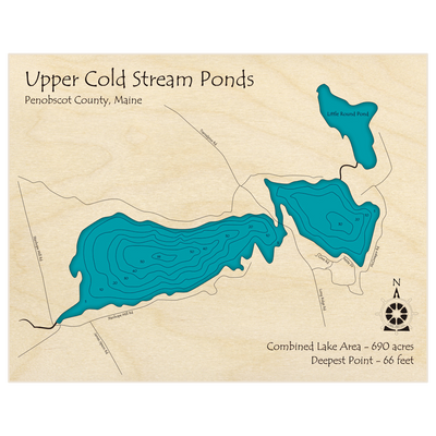 Bathymetric topo map of Upper Cold Stream Ponds with roads, towns and depths noted in blue water