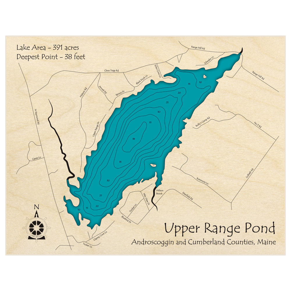 Bathymetric topo map of Upper Range Pond with roads, towns and depths noted in blue water