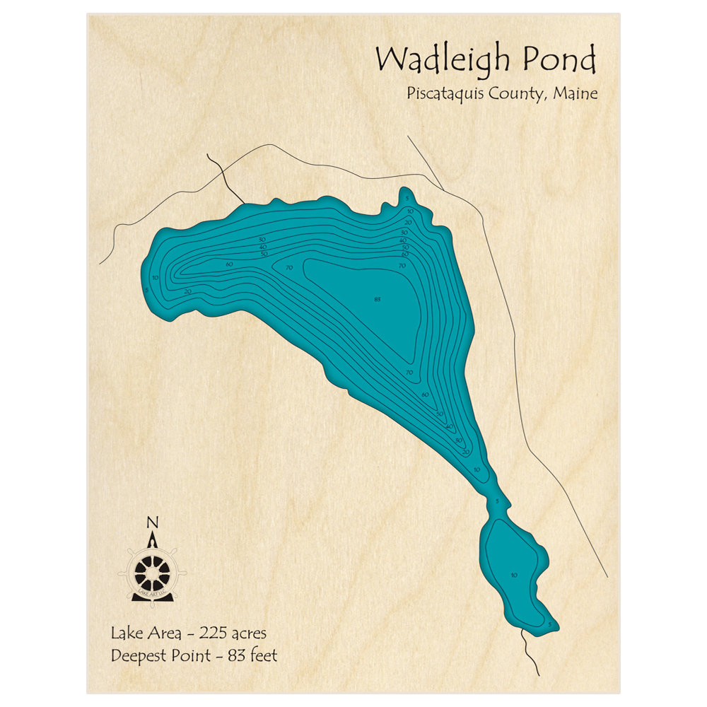 Bathymetric topo map of Wadleigh Pond with roads, towns and depths noted in blue water