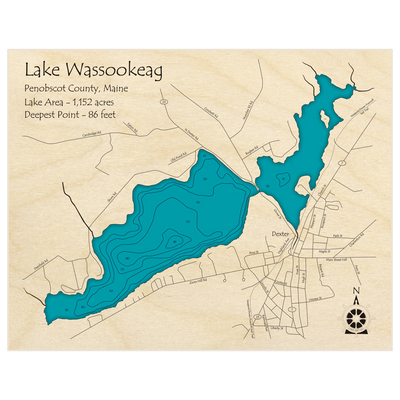 Bathymetric topo map of Lake Wassookeag with roads, towns and depths noted in blue water