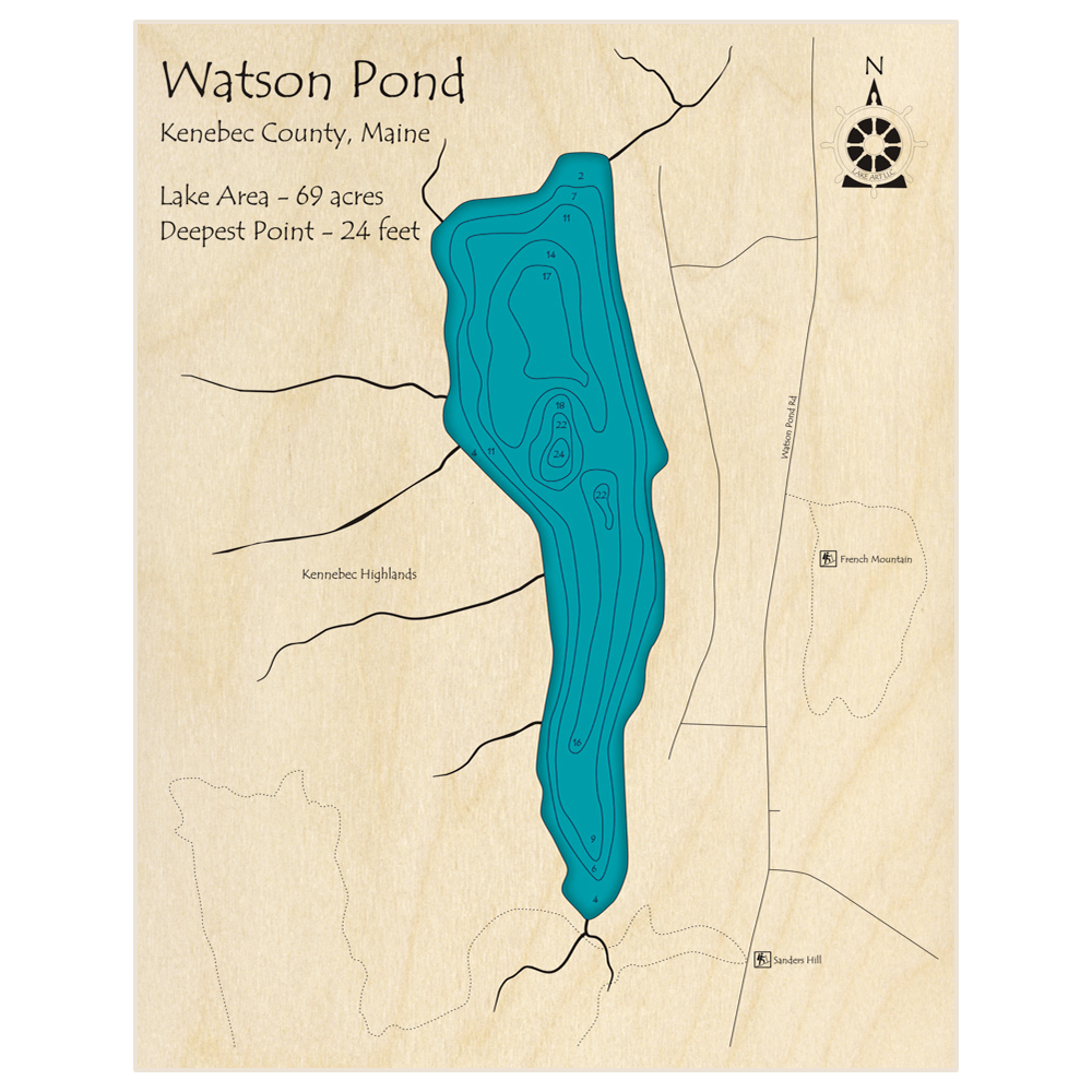 Bathymetric topo map of Watson Pond with roads, towns and depths noted in blue water