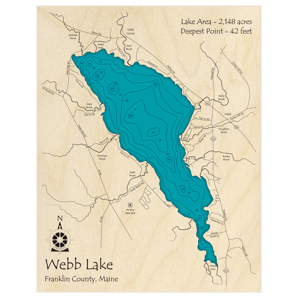 Bathymetric topo map of Webb Lake with roads, towns and depths noted in blue water