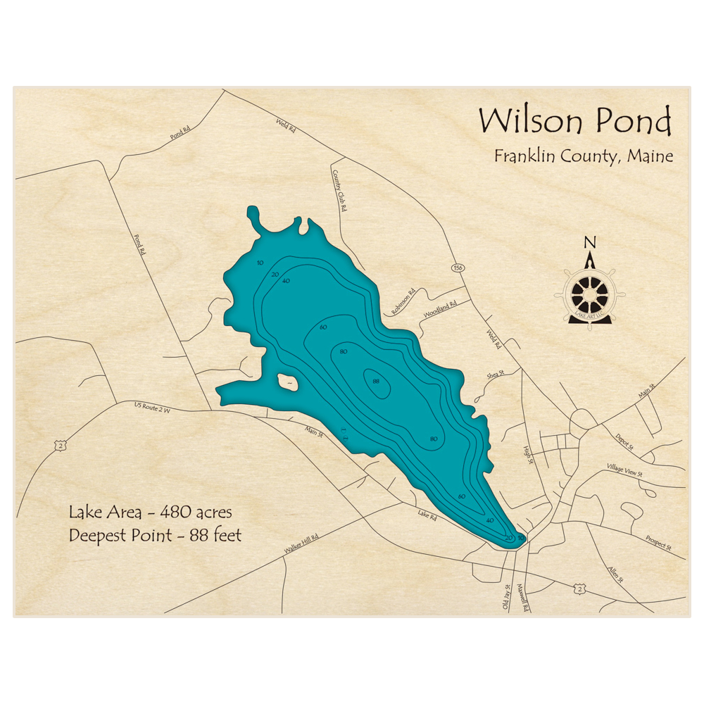 Bathymetric topo map of Wilson Pond with roads, towns and depths noted in blue water