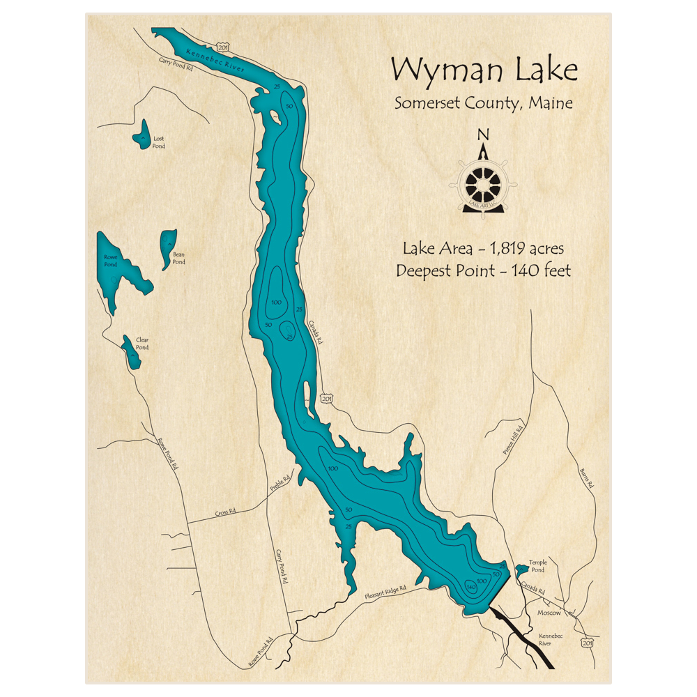 Bathymetric topo map of Wyman Lake with roads, towns and depths noted in blue water