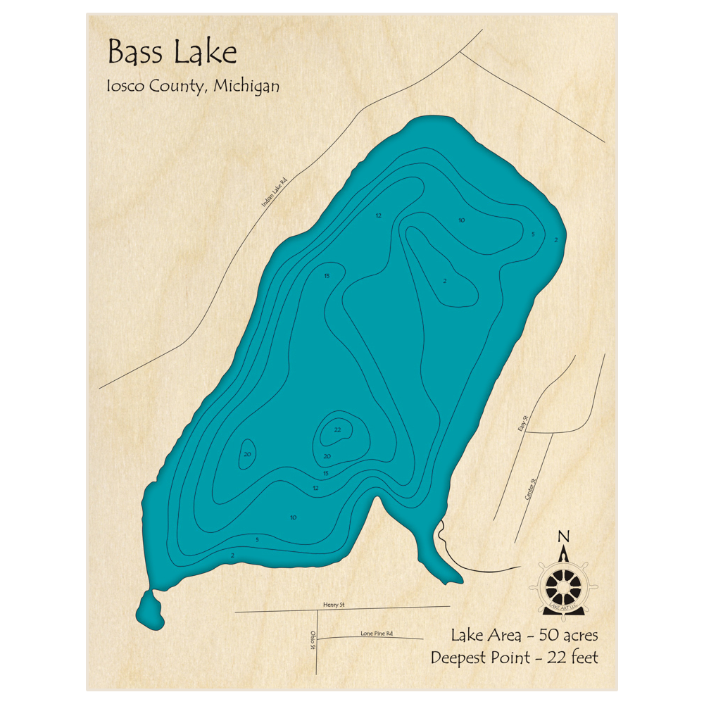 Bathymetric topo map of Bass Lake with roads, towns and depths noted in blue water