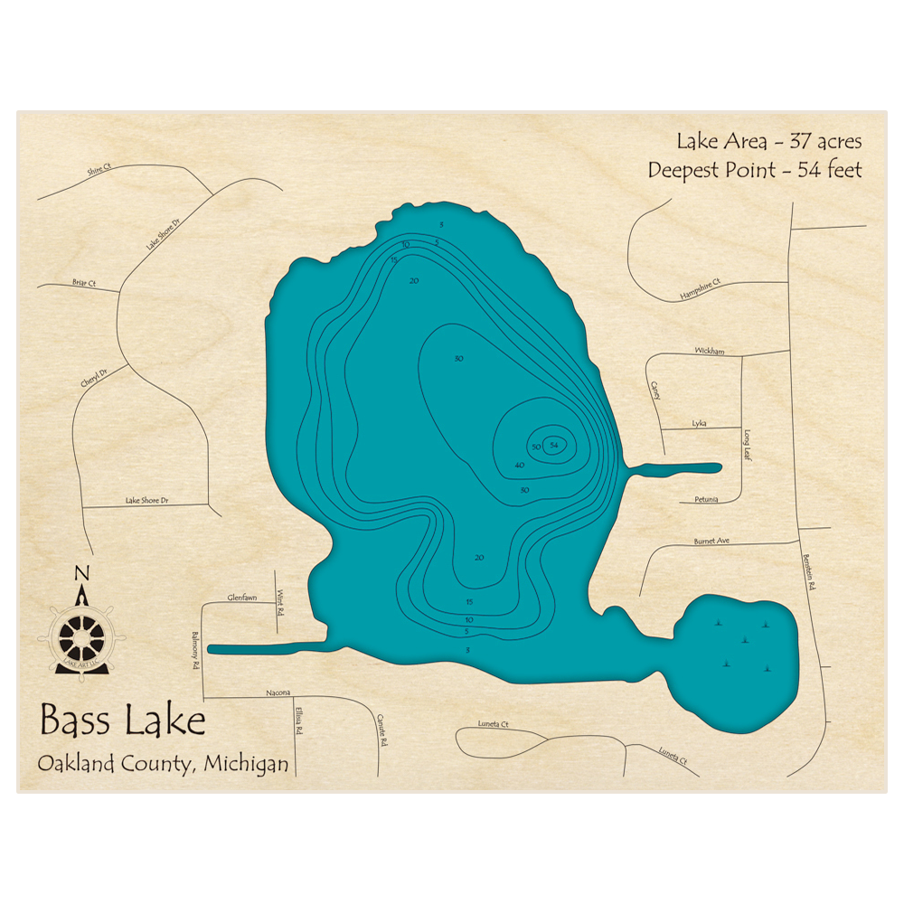 Bathymetric topo map of Bass Lake with roads, towns and depths noted in blue water