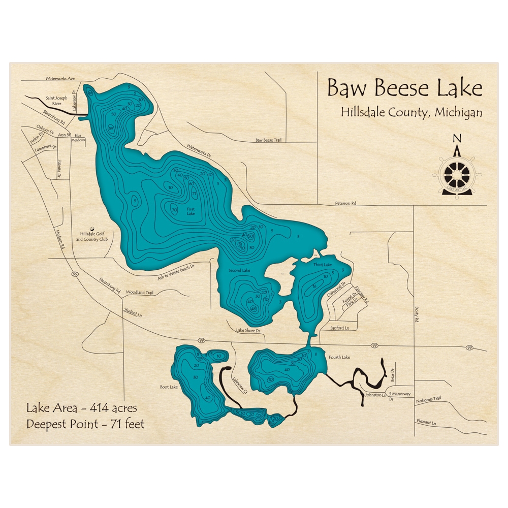 Bathymetric topo map of Baw Beese Lake (1st, 2nd, 3rd, and 4th and Boot Lake) with roads, towns and depths noted in blue water