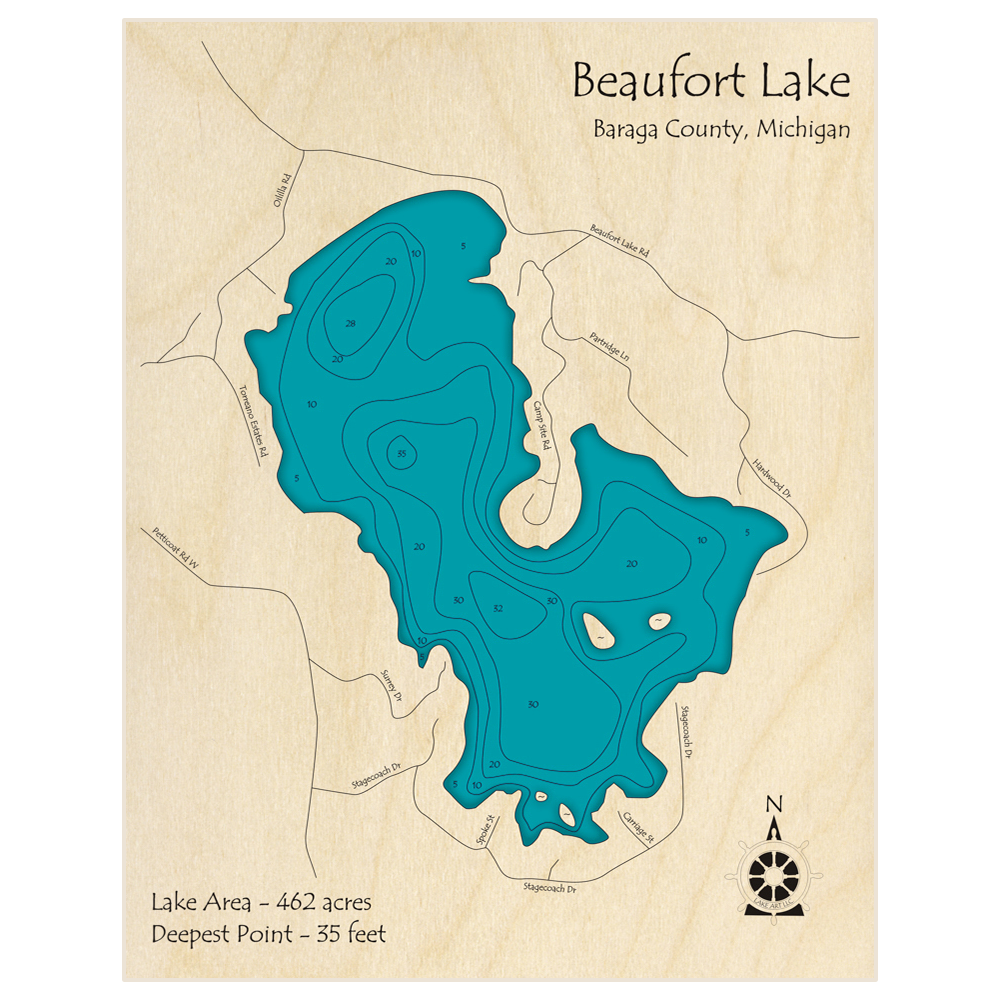 Bathymetric topo map of Beaufort Lake with roads, towns and depths noted in blue water