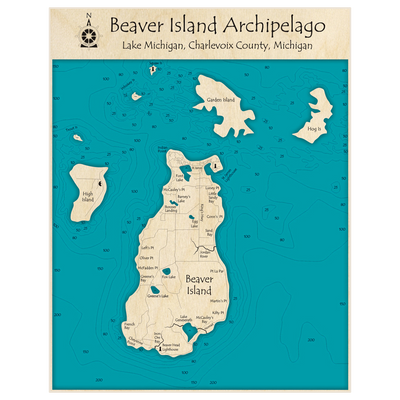 Bathymetric topo map of Beaver Island Archipelago (Landscape) with roads, towns and depths noted in blue water