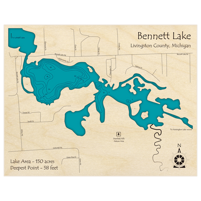 Bathymetric topo map of Bennett Lake with roads, towns and depths noted in blue water