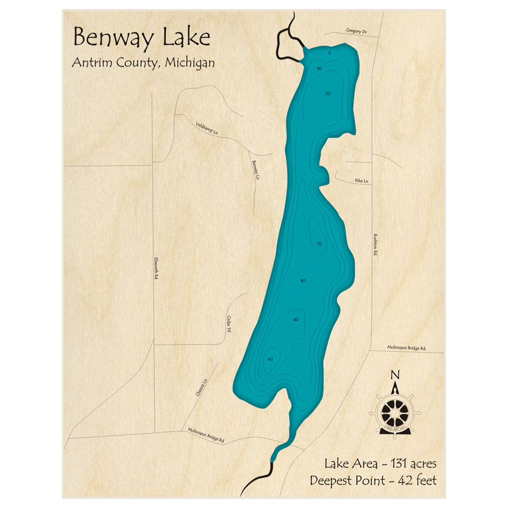 Bathymetric topo map of Benway Lake with roads, towns and depths noted in blue water