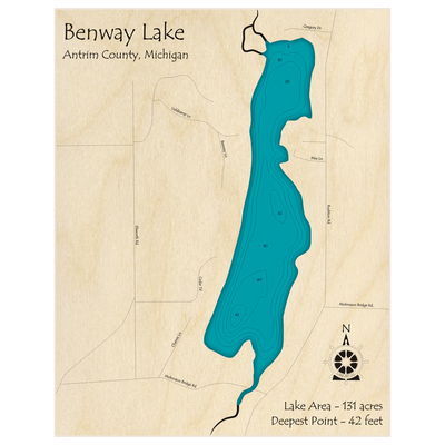 Bathymetric topo map of Benway Lake with roads, towns and depths noted in blue water