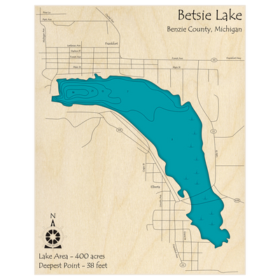 Bathymetric topo map of Betsie Lake with roads, towns and depths noted in blue water